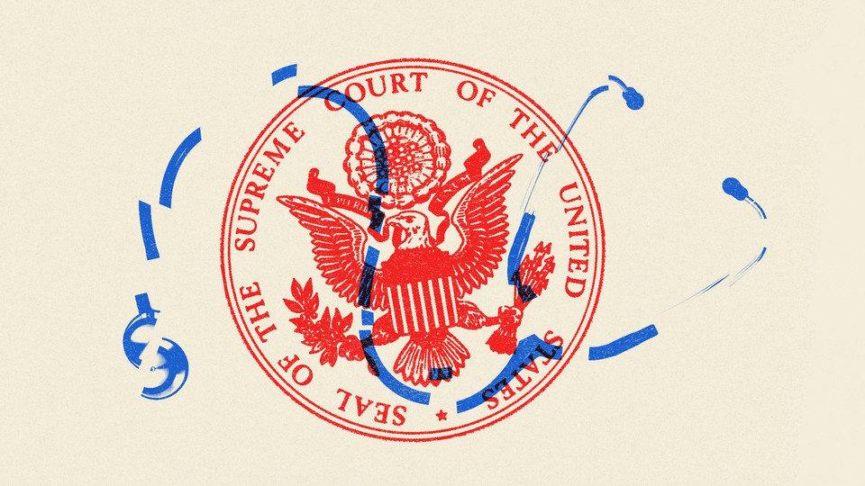 An illustration of the Supreme Court seal, a dollar sign, and a stethoscope