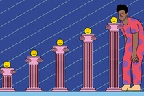 An illustration showing a man examining five pillars of happiness.