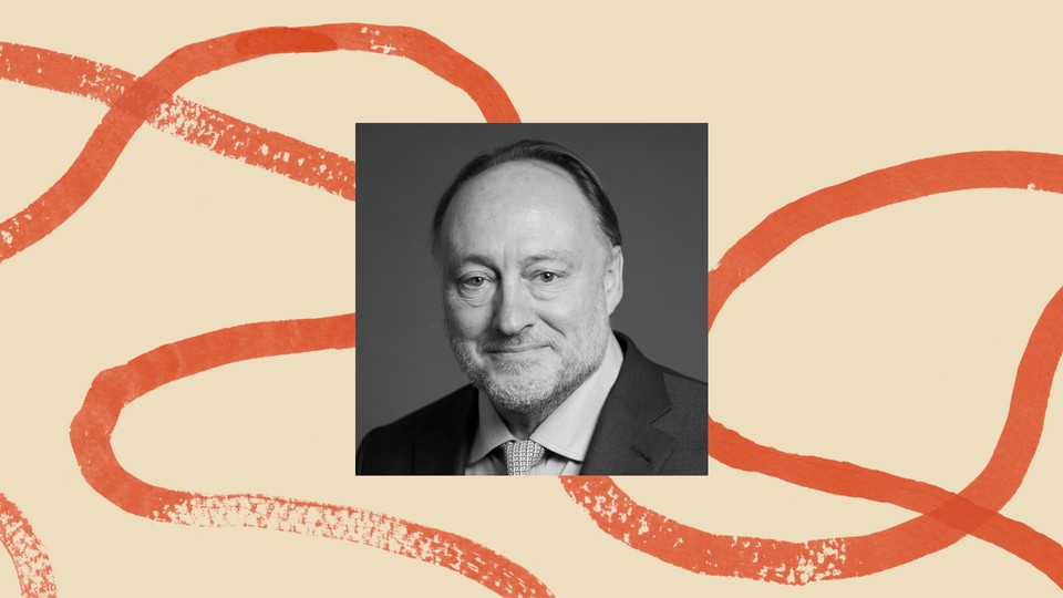 A black-and-white photo of Andrew Roberts bordered by an illustration