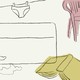 Simply drawn illustration of a blue tank top and briefs pinned to a clothesline, next to a pink lawn chair, gold book lying open face-down, and clouds.