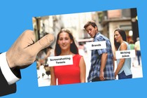 A variation on the "distracted boyfriend" meme