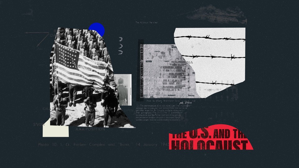 A collage illustration of archival photos and documents about the Holocaust