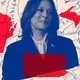 An illustration showing an image of Kamala Harris superimposed on a map of battleground states