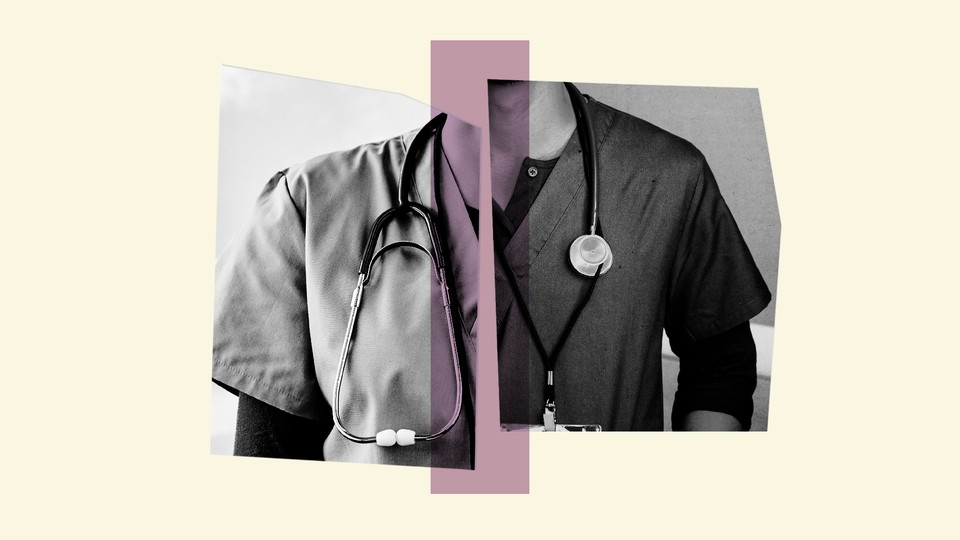 cut out black and white photos of two nurses taped together