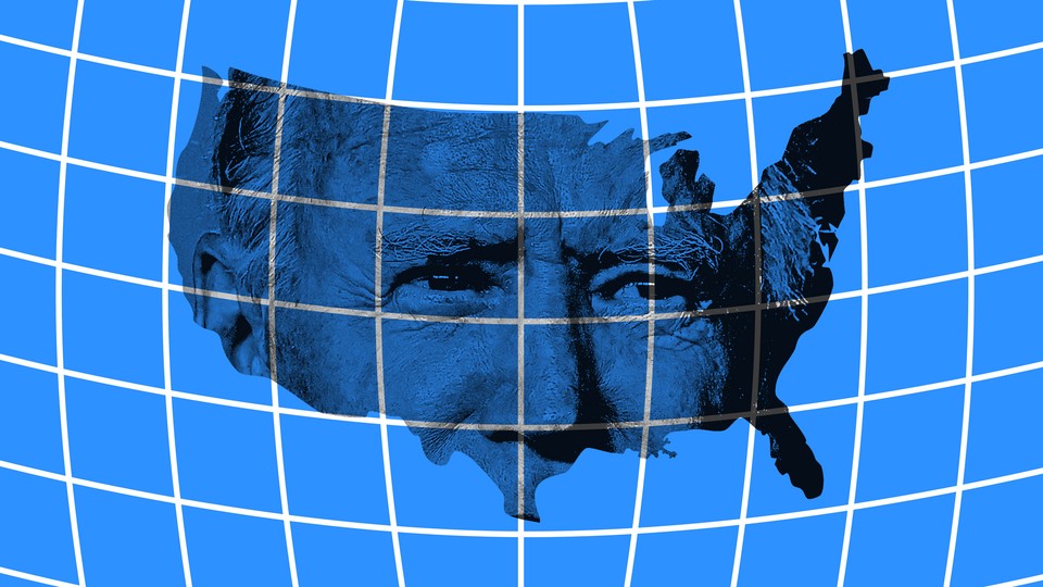 An illustration of Joe Biden and a map of the United States