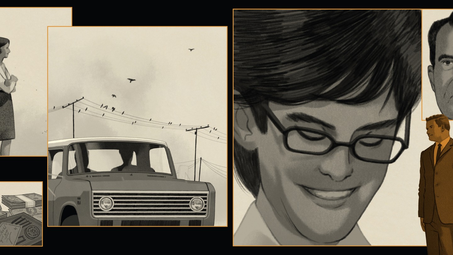 collage of illustrations: woman alone; stacks of cash; truck with birds on wire; sketches of men; Nixon