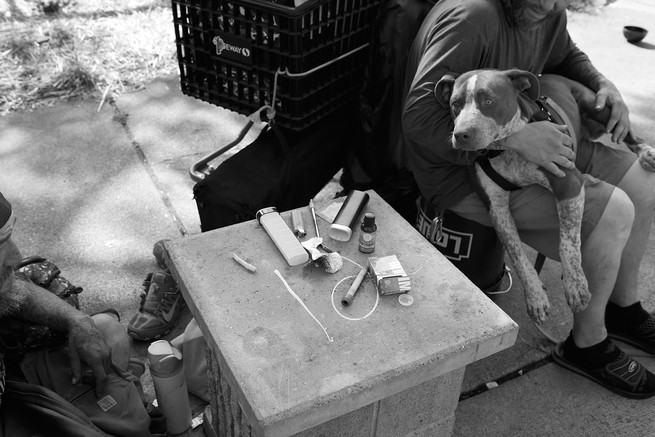 black-and-white photo of person sitting on sidewalk with dog across lap next to table with drugs and drug paraphernalia