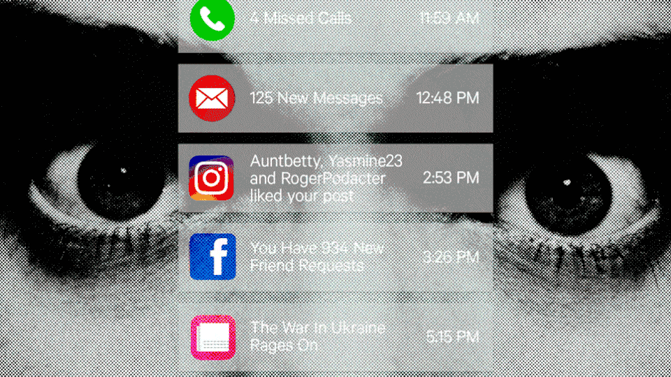 Animation of alerts scrolling up the screen, between close-up photograph of someone's eyes