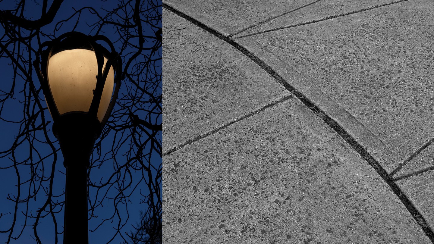 On the left, a photo of a yellow streetlamp against a backdrop of bare, craggly branches and a dark blue sky. On the right, an image of a concrete sidewalk and its seams.