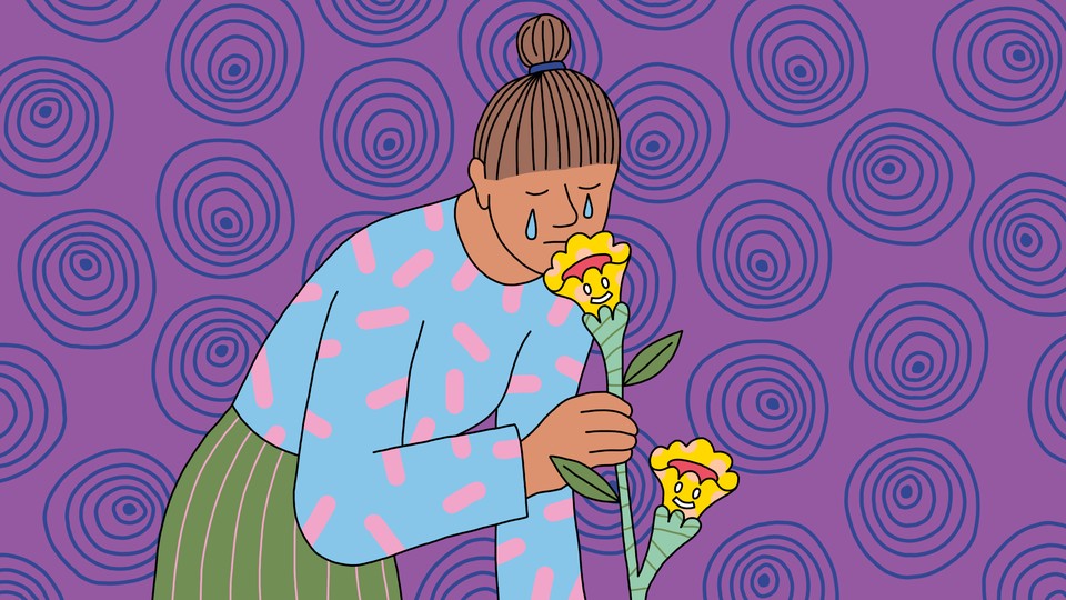 An illustration of a weeping woman sniffing a happy bouquet.