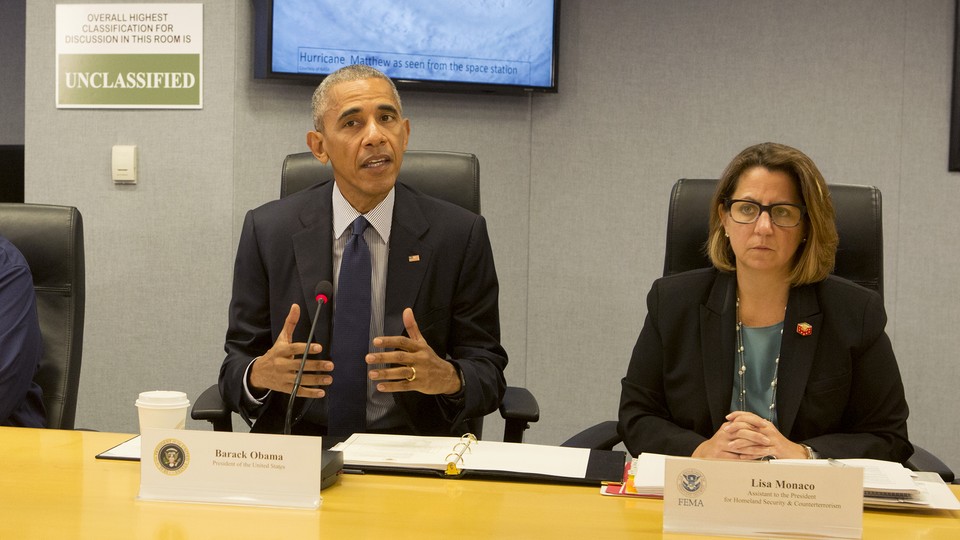 President Obama and Lisa Monaco, his top homeland security adviser, attend a briefing at the Federal Emergency Management Agency