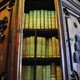 Green and red lighting reveals several books on wooden shelves