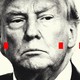 Black and white image of Trump's face with some red dash marks in a line.