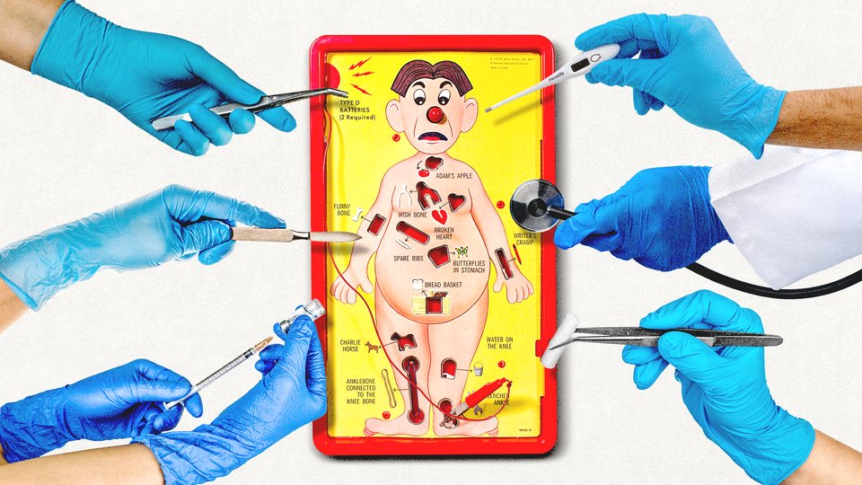 Illustration of many gloved hands performing medical procedures on an Operation board game
