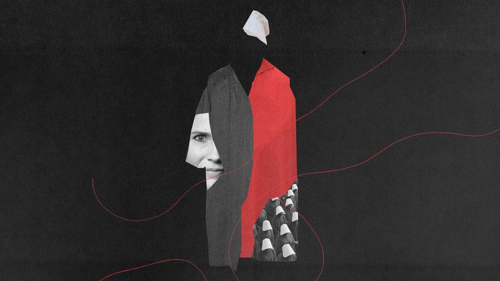 An illustration of Amy Coney Barrett, judicial robes, and a dress from "The Handmaid's Tale"