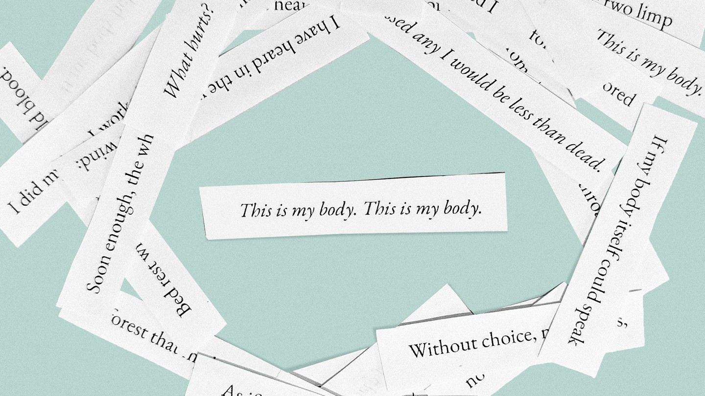 Scraps of paper with lines from the poem, with one that reads "This is my body. This is my body." in the center