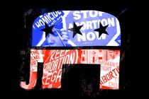 An illustration of the GOP elephant symbol framing a collage of abortion rights and anti-abortion placards.