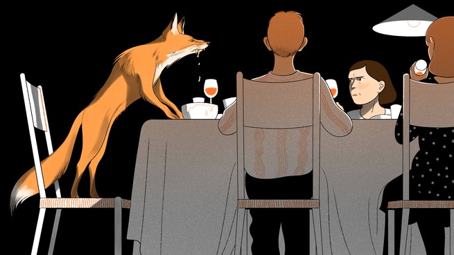 An illustrated fox drooling at a Thanksgiving table 