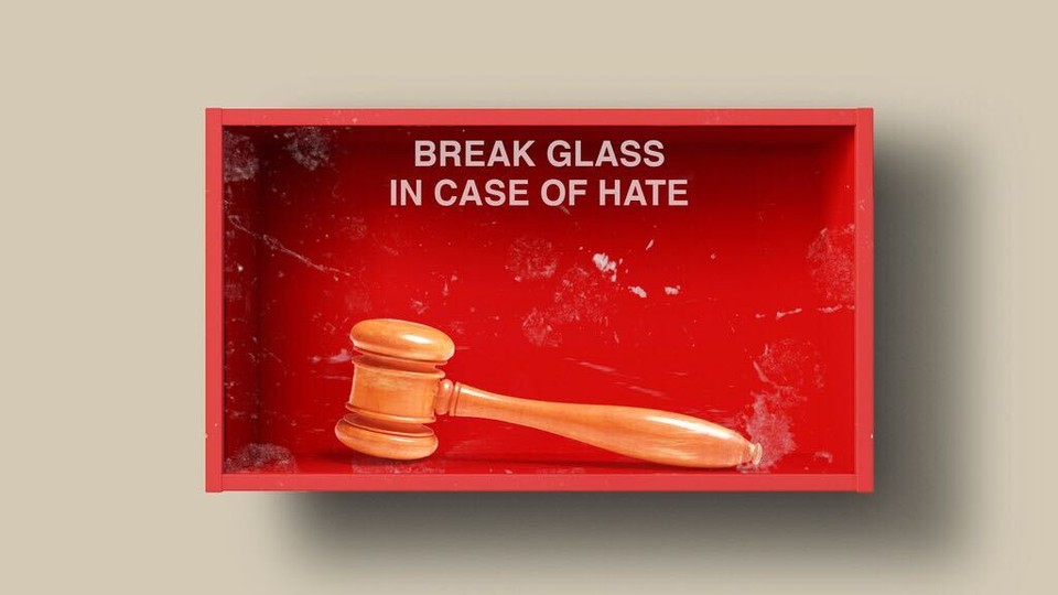An illustration of a box that says "Break glass in case of hate" with a gavel inside