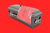 A red Netflix DVD envelope draped over a casket.