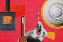 A collage with images of a furnace, a thermostat, and a match