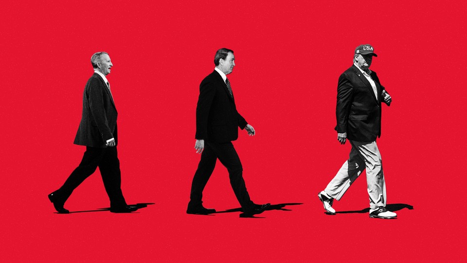 Illustration of Ross Perot walking toward Pat Buchanan walking toward Donald Trump on a red background