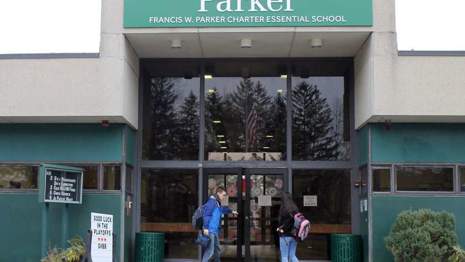 Two students walk into Francis W. Parker Essential School