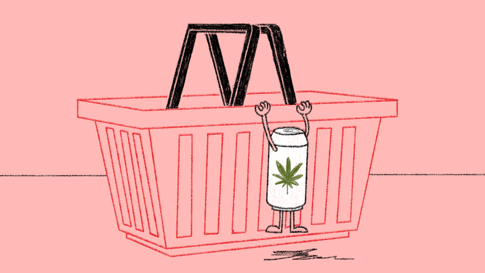 Line drawing of a soda can labeled with a marijuana leaf, with arms and legs, clinging to the side of a shopping basket