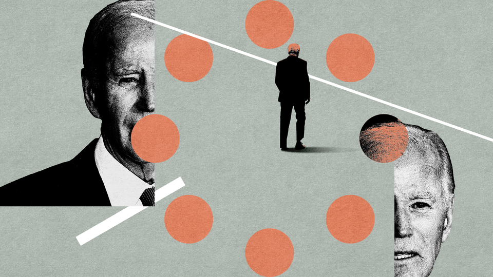 An illustration that includes geometric shapes and split images of President Joe Biden appearing confused.