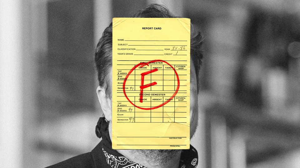 A photo illustration of Elon Musk's face being covered by a report card with a big red "F" on it.