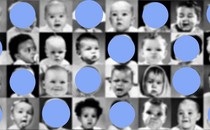 Pictures of babies in a grid layout. Some babies have their face obscured by a light-blue dot.