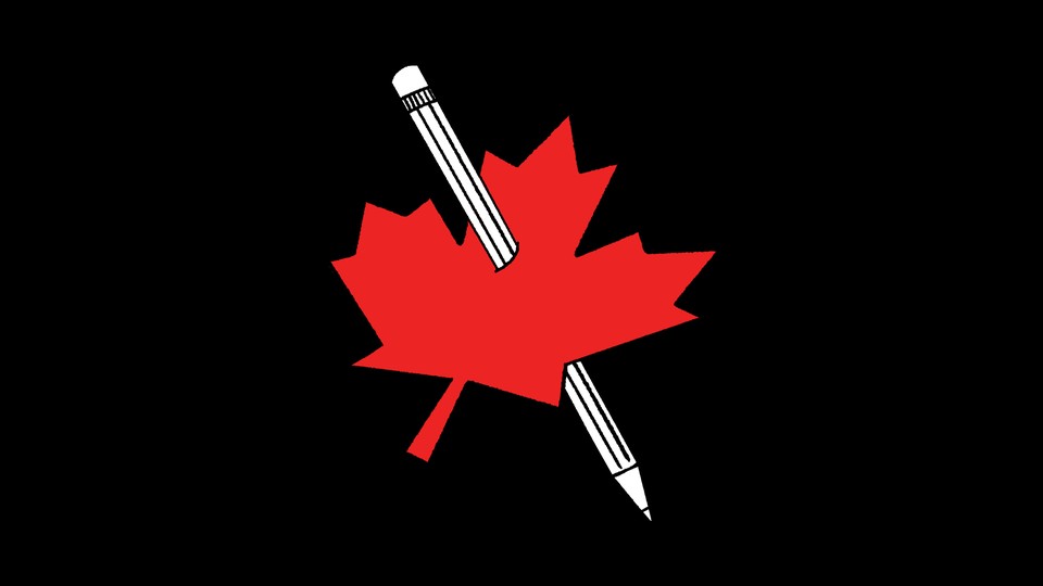 A maple leaf with a pencil stuck through its middle