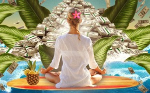 A woman on a surfboard in a yoga pose, facing a pile of money