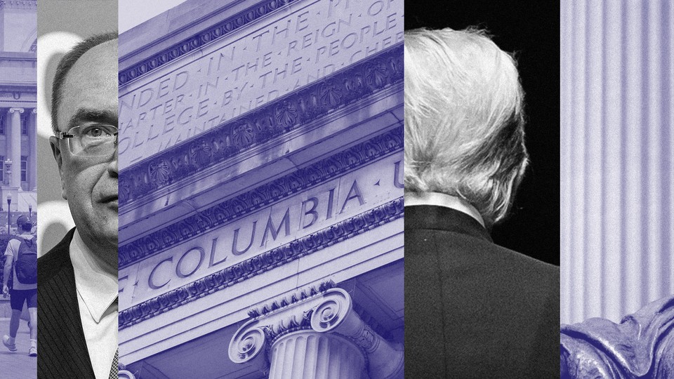 A photo-illustration showing Columba University, Nikolay Kropachev, and Donald Trump