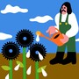 Illustration of a man wearing overalls using a watering can to water plants whose flowers look like gears
