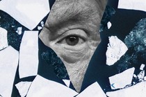 Collage that shows one of Donald Trump's eyes up close, surrounded by breaking sheets of ice on the water