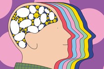An illustration of a cross-section of a person's head, in which their brain is full of smiley faces and speech bubbles