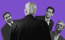 Black-and-white photo cutouts of Ron DeSantis, Marcio Rubio, and Kevin McCarthy peering out from behind Donald Trump