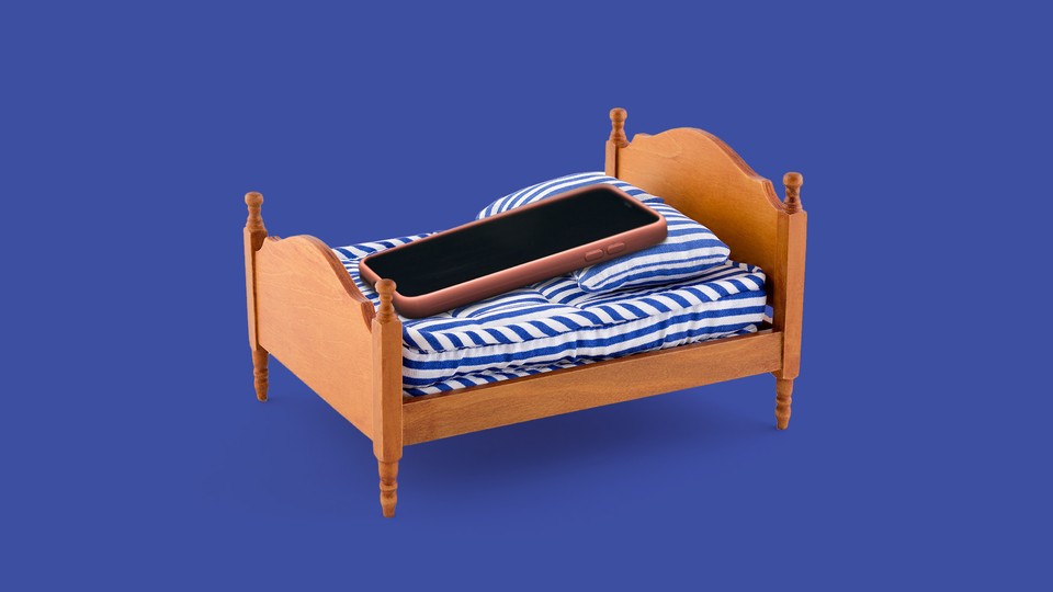 illustration of a phone in a small toy bed