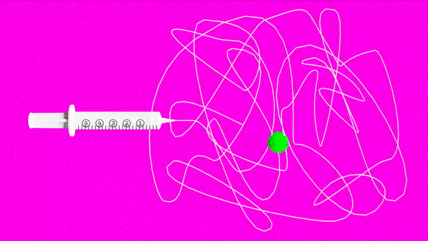 a green coronavirus runs haywire from the tip of a vaccine needle