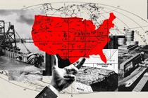 A collage showing a map of the United States, an illustration of a continental shelf, and images depicting maritime commerce
