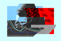 A woman in a surgical mask with blue and red blocks of color behind her—one is a graph, another an America flag