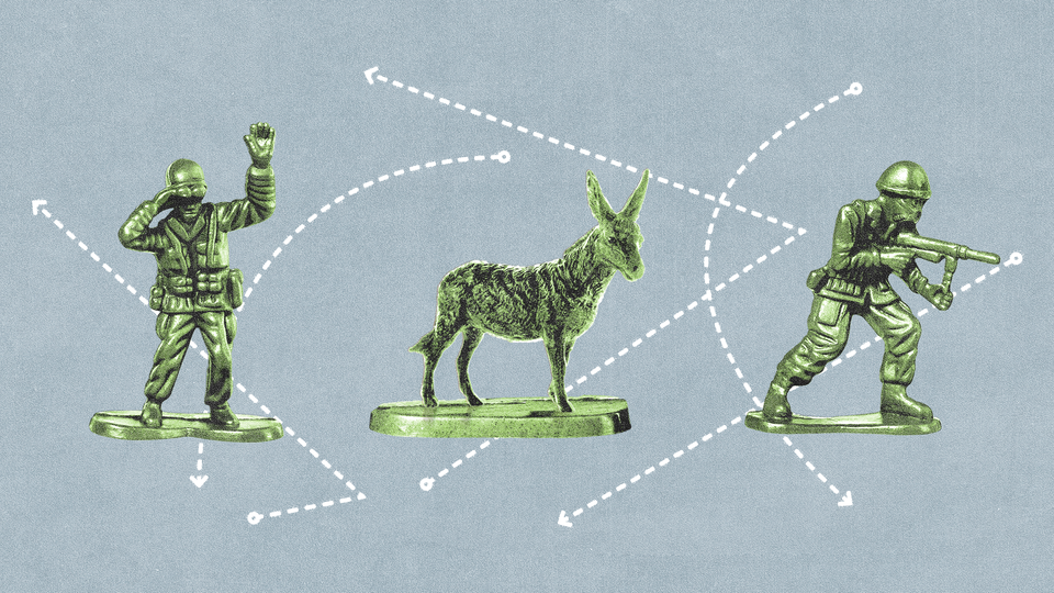 An illustration featuring three figurines: two soldiers and one donkey