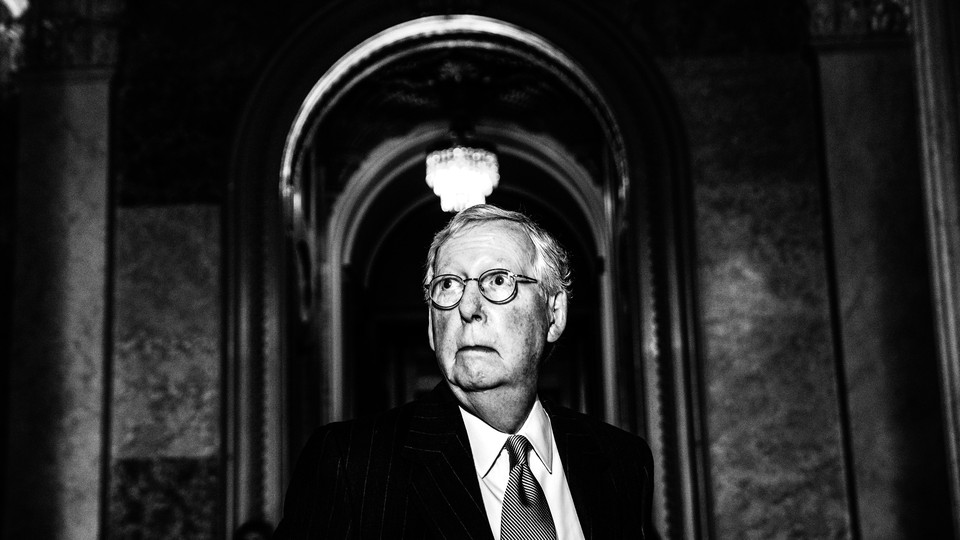 A black-and-white image of Mitch McConnell