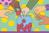 People in colorful clothing toss angry red speech bubbles into a jar