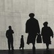 On a cream-colored background, a group of purple ovals gives the impression of curving backwards; near the bottom, a group of red ovals stands in a row. In the center is a black-and-white photograph of people walking in different directions against a cement background. The figures are all black, like shadows, carrying briefcases and wearing long coats, hats, and business suits.