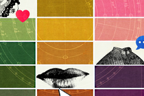 Grid of different color squares alternating with black-and-white illustrations of lady in bonnet, lips, woman's blouse, with heart