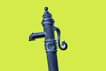 A graphic of a 19th-century water pump with a tangle of pipes underneath it