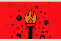 A torch surrounded by social media logos and symbols