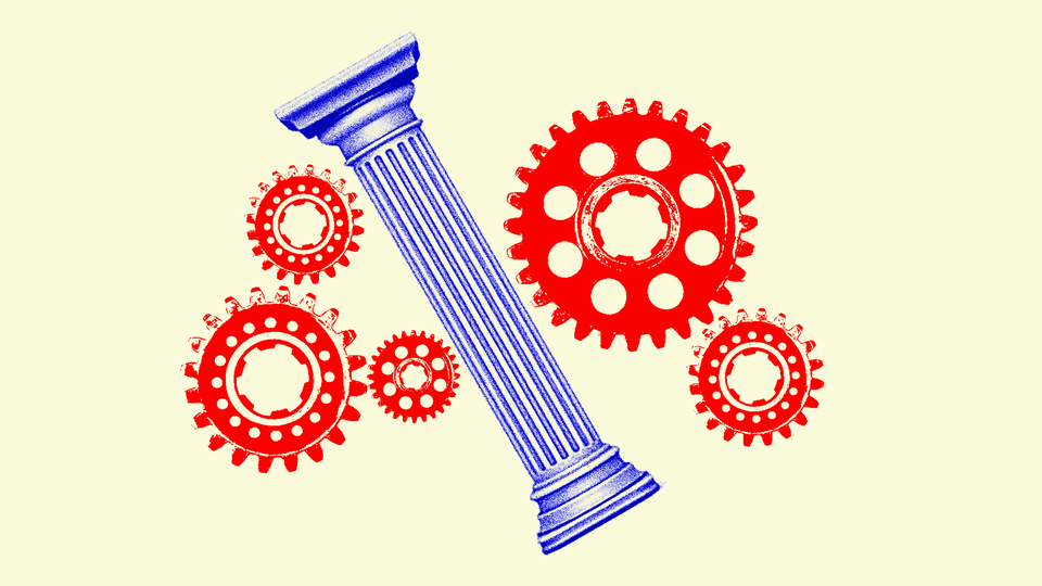 A photo illustration of cogs and wheels of a machine with an ionic column in the middle.